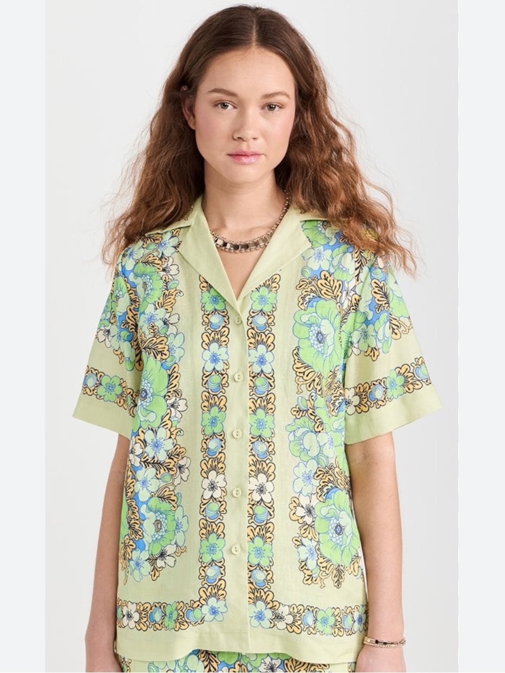 ALEMAIS Women’s 0 Green Floral Short-Sleeve Button-Up Shirt